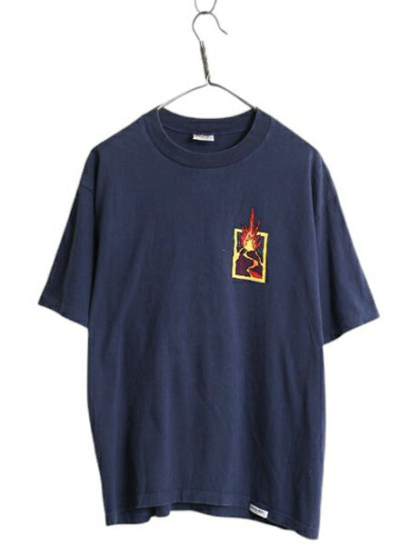90s USA製 アート イラスト 両面 プリント Tシャツ メンズ L 古着 オールド グラフィック ヘビーウェイト Crazy Shirt シングルステッチ 紺