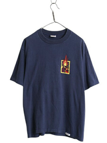 90s USA製 アート イラスト 両面 プリント Tシャツ メンズ L 古着 オールド グラフィック ヘビーウェイト Crazy Shirt シングルステッチ 紺