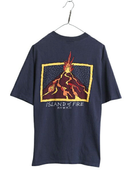 90s USA製 アート イラスト 両面 プリント Tシャツ メンズ L 古着 オールド グラフィック ヘビーウェイト Crazy Shirt シングルステッチ 紺