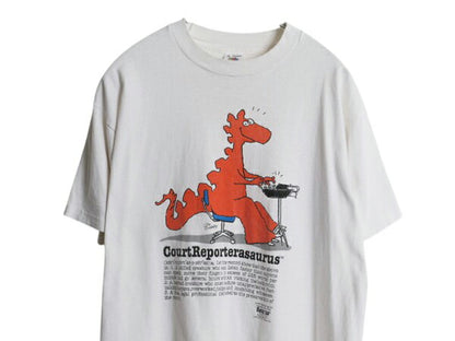 90s USA製 恐竜 キャラクター イラスト プリント Tシャツ メンズ L / オールド アニマル グラフィック シングルステッチ 白 ヘビーウェイト