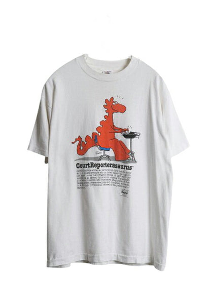90s USA製 恐竜 キャラクター イラスト プリント Tシャツ メンズ L / オールド アニマル グラフィック シングルステッチ 白 ヘビーウェイト