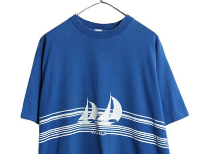 80s USA製 ヨット イラスト 両面 プリント Tシャツ メンズ XL ヴィンテージ リゾート セーリング アート グラフィック シングルステッチ 青