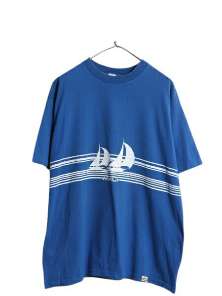 80s USA製 ヨット イラスト 両面 プリント Tシャツ メンズ XL ヴィンテージ リゾート セーリング アート グラフィック シングルステッチ 青