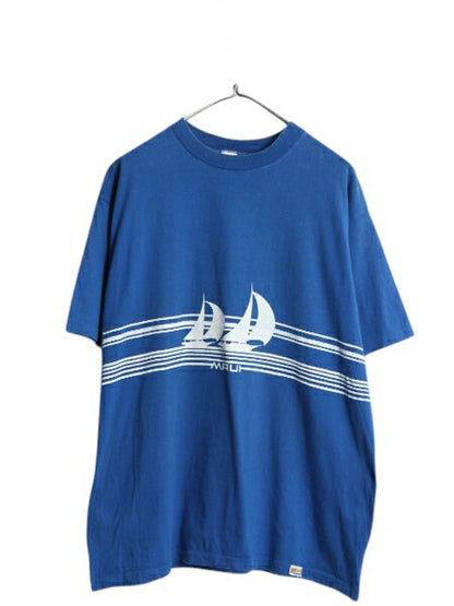 80s USA製 ヨット イラスト 両面 プリント Tシャツ メンズ XL ヴィンテージ リゾート セーリング アート グラフィック シングルステッチ 青