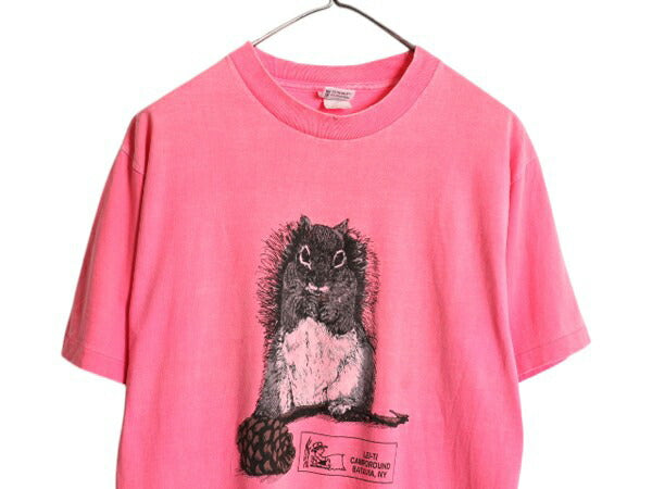 90s USA製 リス アート イラスト 両面 プリント Tシャツ メンズ M レディース L 程 / 古着 オールド アニマル グラフィック 企業物 ピンク
