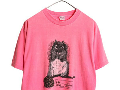 90s USA製 リス アート イラスト 両面 プリント Tシャツ メンズ M レディース L 程 / 古着 オールド アニマル グラフィック 企業物 ピンク