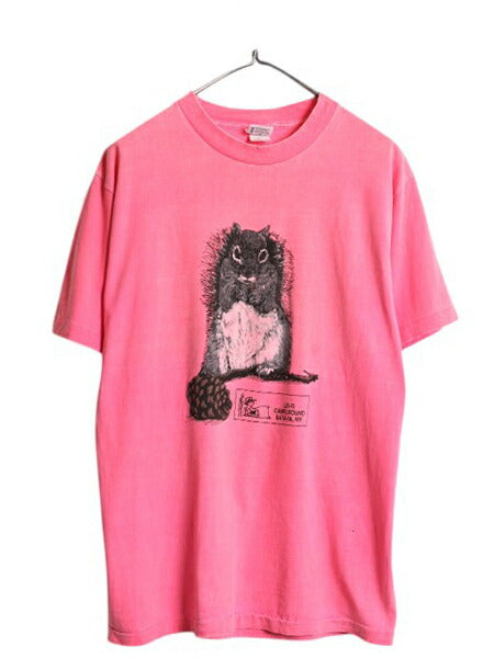90s USA製 リス アート イラスト 両面 プリント Tシャツ メンズ M レディース L 程 / 古着 オールド アニマル グラフィック 企業物 ピンク