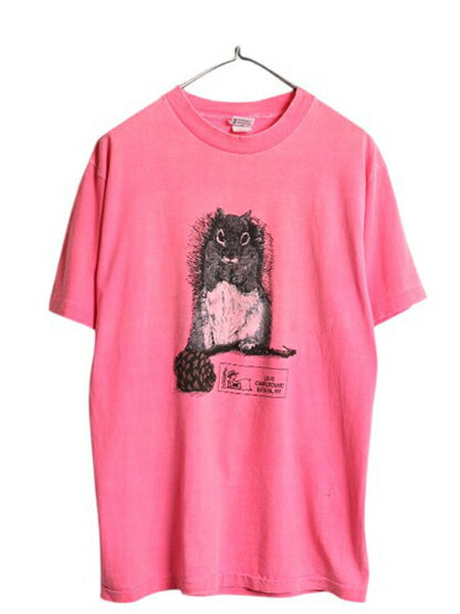 90s USA製 リス アート イラスト 両面 プリント Tシャツ メンズ M レディース L 程 / 古着 オールド アニマル グラフィック 企業物 ピンク