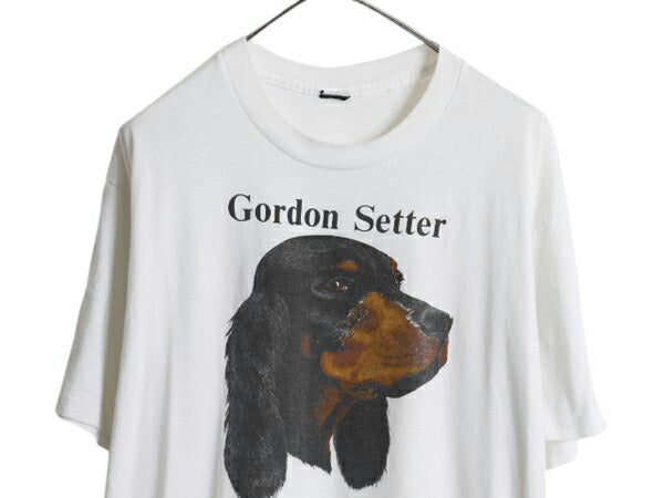 90s ドッグ アート イラスト プリント Tシャツ メンズ L 程/ 古着 オールド アニマル 犬 キャラクター グラフィック シングルステッチ 白