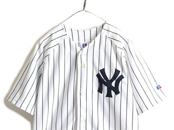 00s ボーイズ XL メンズ S 程■ MLB オフィシャル ラッセル ヤンキース ベースボール シャツ / 古着 00年代 RUSSELL ゲームシャツ 大リーグ