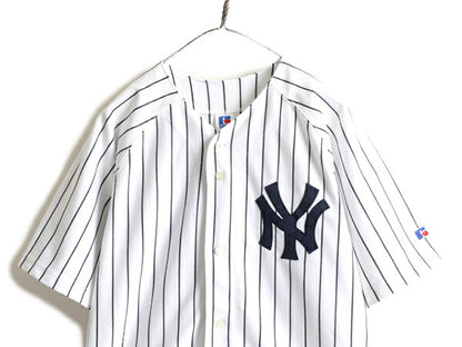 00s ボーイズ XL メンズ S 程■ MLB オフィシャル ラッセル ヤンキース ベースボール シャツ / 古着 00年代 RUSSELL ゲームシャツ 大リーグ