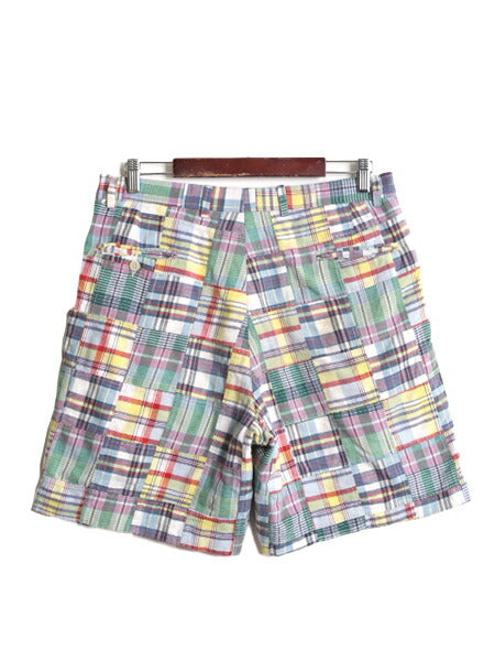 90s マドラス チェック パッチワーク ショートパンツ メンズ 33 古着 90年代 オールド ショーツ 短パン ツータック コットン マルチカラー