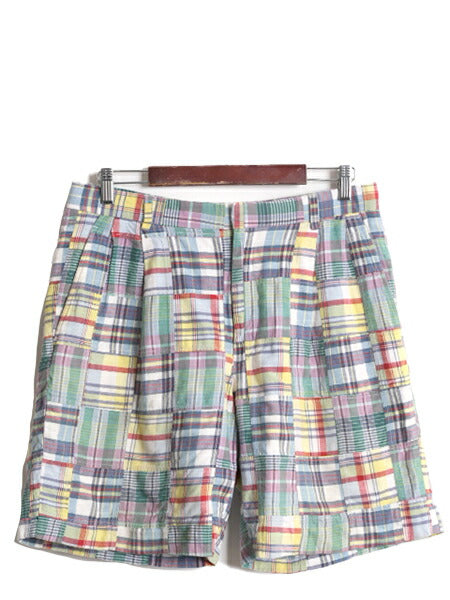 90s マドラス チェック パッチワーク ショートパンツ メンズ 33 古着 90年代 オールド ショーツ 短パン ツータック コットン マルチカラー