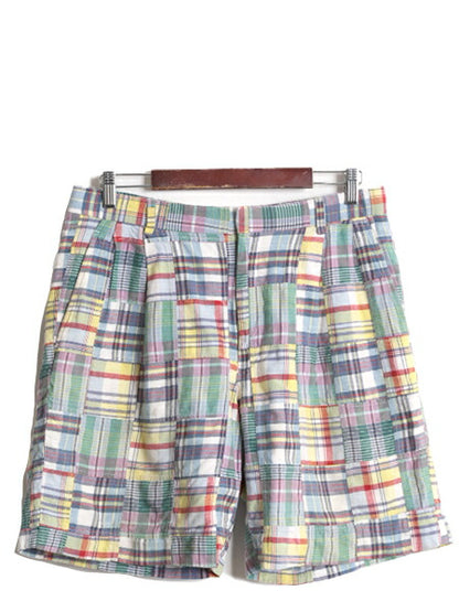 90s マドラス チェック パッチワーク ショートパンツ メンズ 33 古着 90年代 オールド ショーツ 短パン ツータック コットン マルチカラー