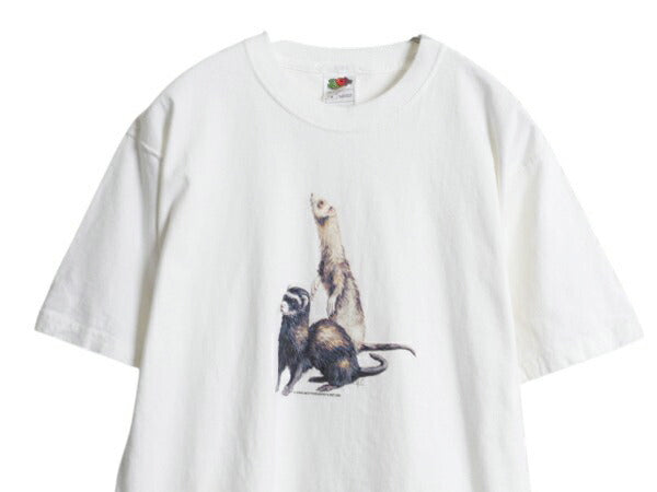 00s フェレット イラスト プリント 半袖 Tシャツ メンズ レディース M オールド アニマル アート グラフィック カットソー ヘビーウェイト
