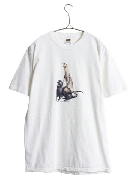 00s フェレット イラスト プリント 半袖 Tシャツ メンズ レディース M オールド アニマル アート グラフィック カットソー ヘビーウェイト