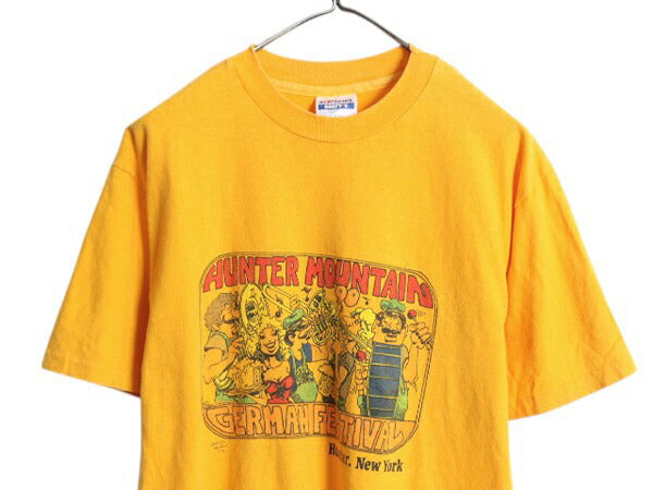 90s USA製 フェス アート イラスト プリント Tシャツ メンズ L / オールド キャラクター グラフィック シングルステッチ ヘビーウェイト 黄