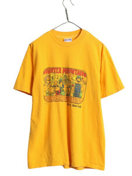 90s USA製 フェス アート イラスト プリント Tシャツ メンズ L / オールド キャラクター グラフィック シングルステッチ ヘビーウェイト 黄