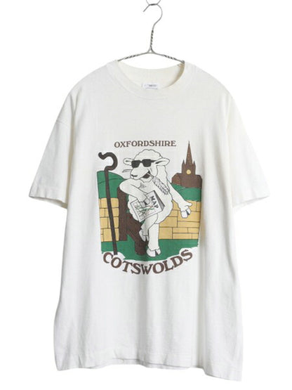 90s ヒツジ キャラクター イラスト プリント Tシャツ メンズ L オールド アニマル アート シングルステッチ ヘビーウェイト カットソー 白