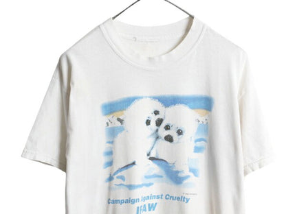 90s アニマル アート プリント Tシャツ メンズ M 古着 オールド メッセージ イラスト グラフィック カットソー 自然保護 企業物 当時物 白