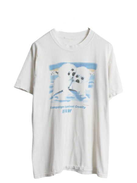 90s アニマル アート プリント Tシャツ メンズ M 古着 オールド メッセージ イラスト グラフィック カットソー 自然保護 企業物 当時物 白