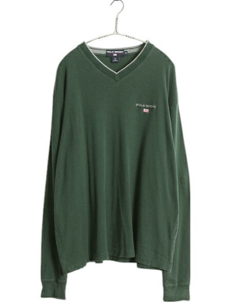 90s ポロスポーツ ラルフローレン Vネック 長袖 Tシャツ メンズ XL / 古着 ロンT コットン ワンポイント ロゴ刺繍 大きいサイズ カットソー