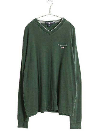 90s ポロスポーツ ラルフローレン Vネック 長袖 Tシャツ メンズ XL / 古着 ロンT コットン ワンポイント ロゴ刺繍 大きいサイズ カットソー