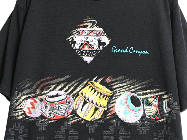 90s ネイティブ アート イラスト プリント Tシャツ メンズ L オールド グラフィック ヘビーウェイト シングルステッチ カットソー ブラック