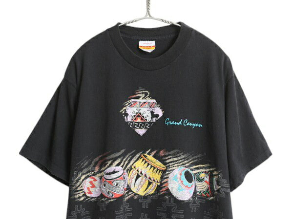 90s ネイティブ アート イラスト プリント Tシャツ メンズ L オールド グラフィック ヘビーウェイト シングルステッチ カットソー ブラック