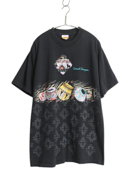 90s ネイティブ アート イラスト プリント Tシャツ メンズ L オールド グラフィック ヘビーウェイト シングルステッチ カットソー ブラック