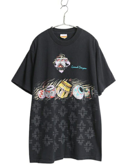 90s ネイティブ アート イラスト プリント Tシャツ メンズ L オールド グラフィック ヘビーウェイト シングルステッチ カットソー ブラック