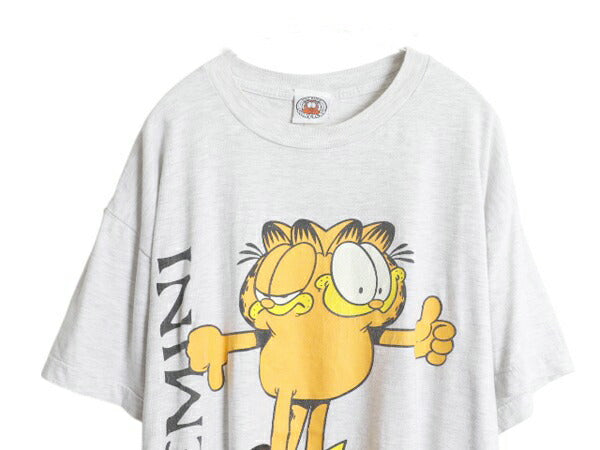 90s ガーフィールド プリント 半袖 Tシャツ メンズ レディース XXL 程/ オールド キャラクター イラスト シングルステッチ 大きいサイズ 灰