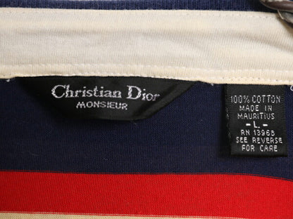 90s クリスチャン ディオール ボーダー 半袖 ポロシャツ メンズ L / オールド Christian Dior ポケット付き 半袖シャツ スムース コットン