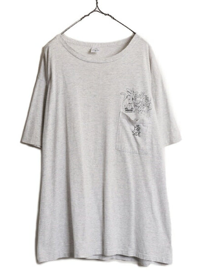 90s USA製 ジョーク イラスト プリント Tシャツ メンズ XL オールド アート キャラクター シングルステッチ 大きいサイズ ポケット付き 灰
