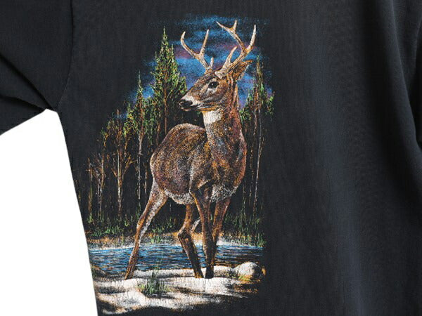 90s USA製 シカ アート イラスト 両面 プリント Tシャツ メンズ L 古着 グラフィック シングルステッチ アニマル ヘビーウェイト ブラック