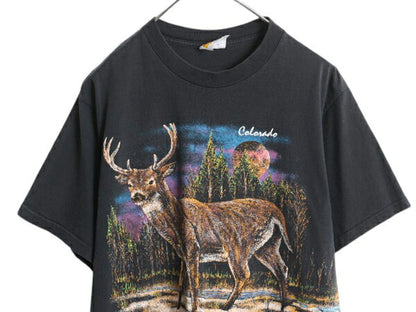 90s USA製 シカ アート イラスト 両面 プリント Tシャツ メンズ L 古着 グラフィック シングルステッチ アニマル ヘビーウェイト ブラック