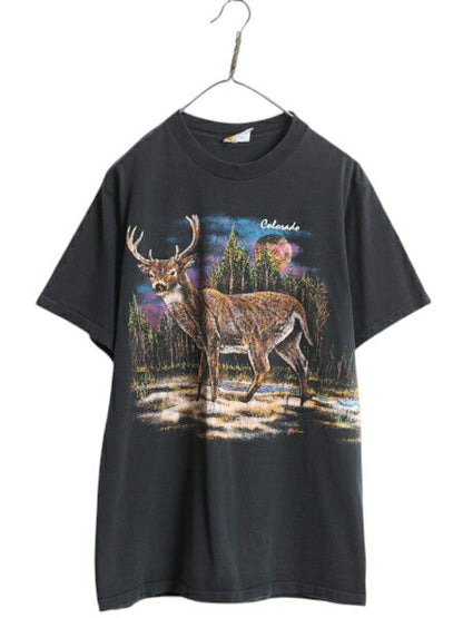90s USA製 シカ アート イラスト 両面 プリント Tシャツ メンズ L 古着 グラフィック シングルステッチ アニマル ヘビーウェイト ブラック