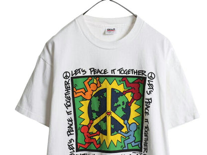 90s USA製 アート イラスト プリント Tシャツ メンズ L オールド メッセージ グラフィック キース ヘリング パロディ 白 シングルステッチ