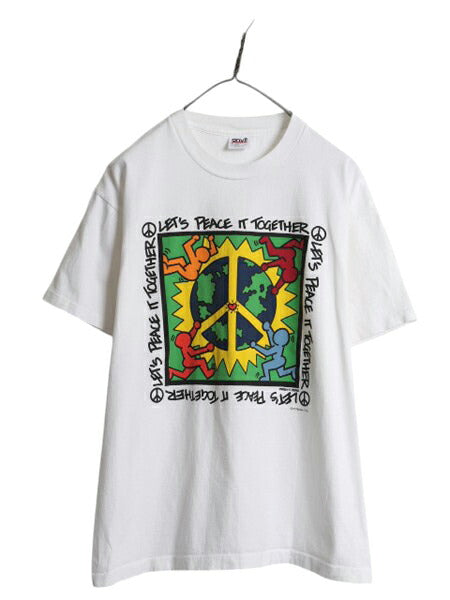 90s USA製 アート イラスト プリント Tシャツ メンズ L オールド メッセージ グラフィック キース ヘリング パロディ 白 シングルステッチ