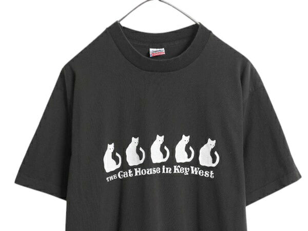 90s USA製 ネコ アート プリント Tシャツ メンズ レディース L 古着 アニマル イラスト キャラクター シングルステッチ ヘビーウェイト 黒