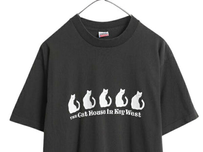 90s USA製 ネコ アート プリント Tシャツ メンズ レディース L 古着 アニマル イラスト キャラクター シングルステッチ ヘビーウェイト 黒