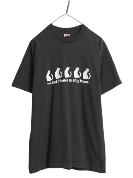 90s USA製 ネコ アート プリント Tシャツ メンズ レディース L 古着 アニマル イラスト キャラクター シングルステッチ ヘビーウェイト 黒