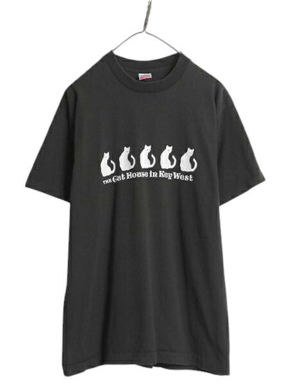 90s USA製 ネコ アート プリント Tシャツ メンズ レディース L 古着 アニマル イラスト キャラクター シングルステッチ ヘビーウェイト 黒