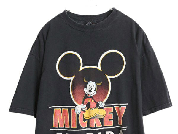 90s ミッキー イラスト プリント Tシャツ メンズ レディース XXL / オールド ディズニー オフィシャル キャラクター 大きいサイズ ブラック