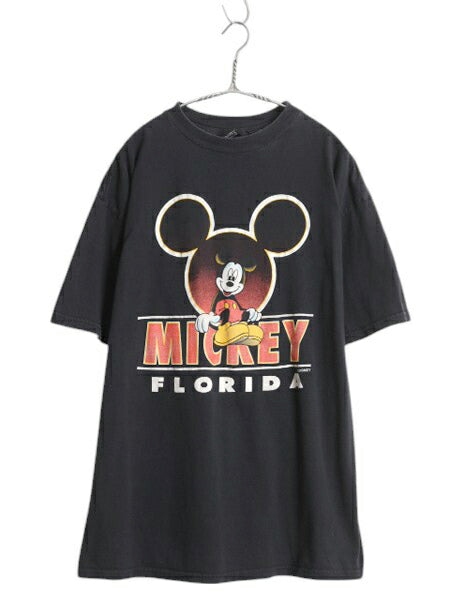 90s ミッキー イラスト プリント Tシャツ メンズ レディース XXL / オールド ディズニー オフィシャル キャラクター 大きいサイズ ブラック