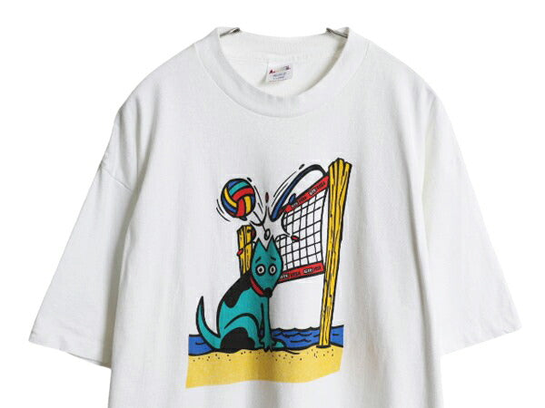 90s USA製 企業 イラスト キャラクター プリント Tシャツ メンズ XL / オールド グラフィック GTE VISA シングルステッチ 大きいサイズ 白