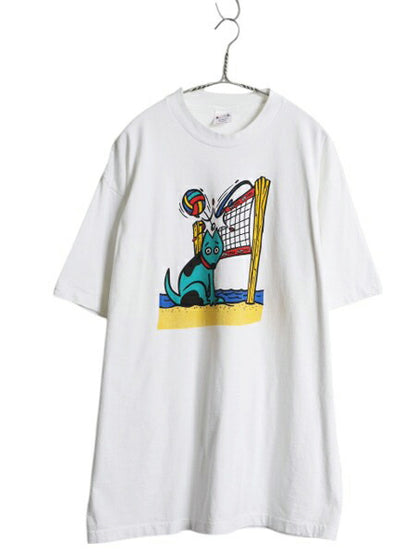 90s USA製 企業 イラスト キャラクター プリント Tシャツ メンズ XL / オールド グラフィック GTE VISA シングルステッチ 大きいサイズ 白