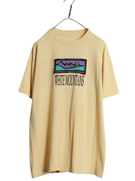 90s アート イラスト プリント Tシャツ メンズ XL 程 古着 オールド 大きいサイズ グラフィック シングルステッチ ヘビーウェイト イエロー