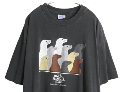 90s USA製 アシカ アート プリント Tシャツ メンズ XXL 古着 オールド アニマル イラスト グラフィック カットソー 大きいサイズ 企業物 黒