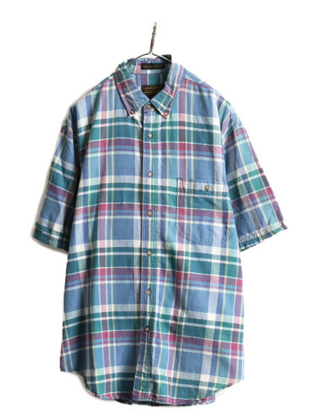 80s ■ エディーバウアー マドラス チェック 半袖 ボタンダウン シャツ メンズ L 80年代 ビンテージ Eddie Bauer 半袖シャツ ポケット付き